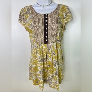 Language Boho Mixed Floral Knit Short Sleeve Blouse Top Size M